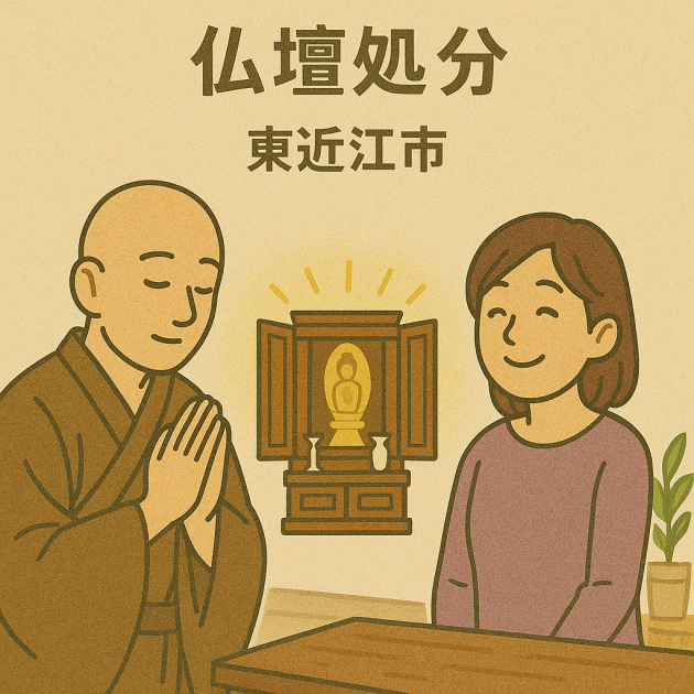 お坊様が仏壇の前で丁寧に供養を行う様子。東近江市の依頼者の女性は穏やかな表情で見守り、安心して仏壇処分を当店に任せている雰囲気が伝わる。