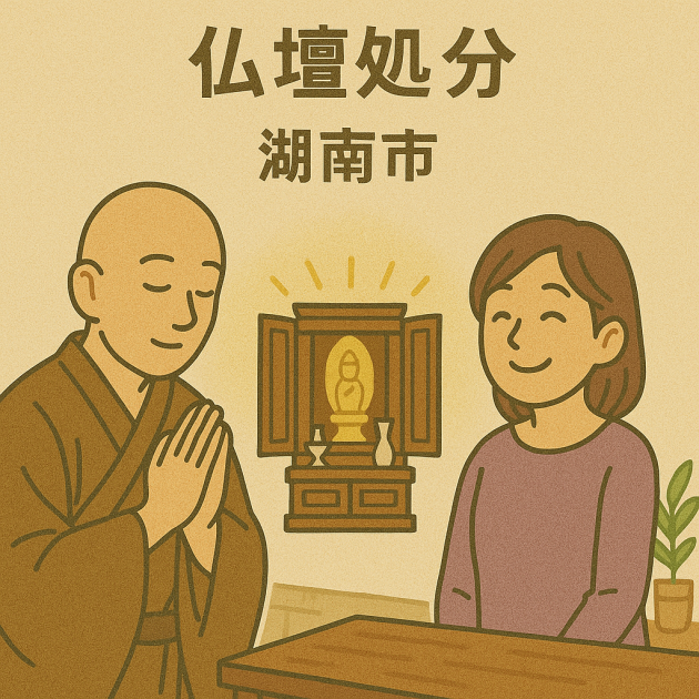 湖南市で仏壇を処分する場面。お坊様が仏前で丁寧に供養を行い、依頼者の女性が穏やかな表情で見守っている様子