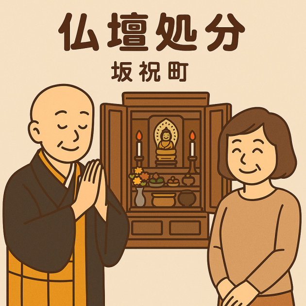 当店による仏壇処分の様子。僧侶が仏壇の前で丁寧に供養を行っており、持ち主の女性は穏やかな表情で手を合わせている。