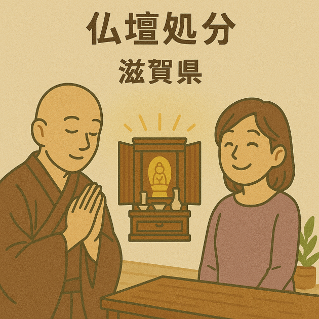 米原市の仏壇処分の様子。お坊様が仏前で丁寧に供養を行い、依頼者の女性は穏やかな表情で見守っている。安心して任せられる雰囲気を伝えるイメージ画像。