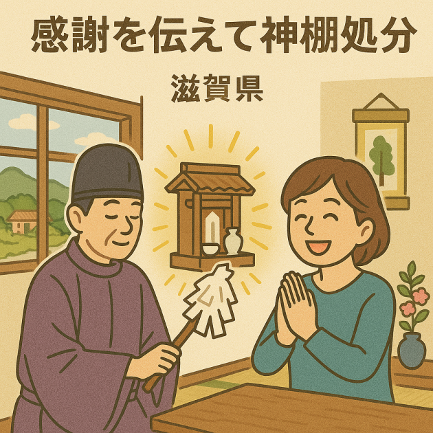 滋賀県で神棚の魂抜きを行う神主と、処分後に安心して喜ぶ女性の様子。新原美術が丁寧に対応する神棚供養と処分サービス。