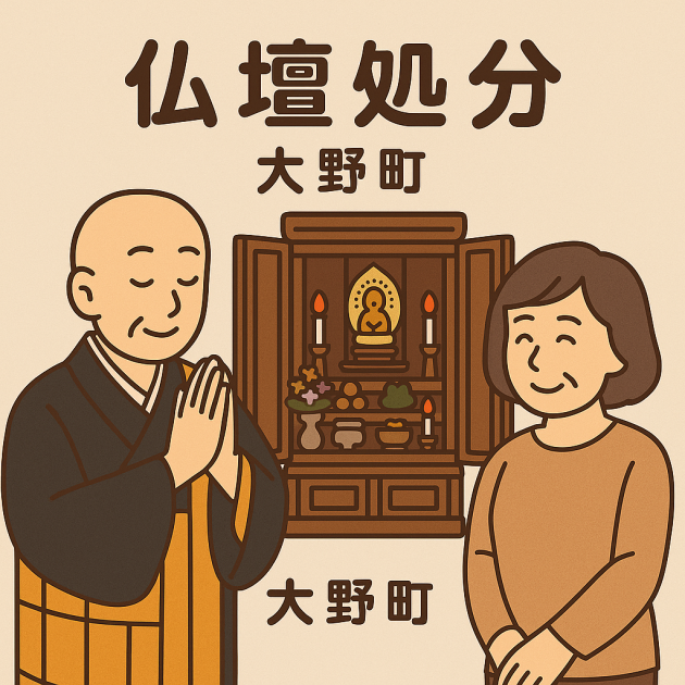当店の仏壇処分サービスの様子。僧侶が仏壇の前で丁寧に供養を行い、依頼者の女性は穏やかな表情を浮かべている。</div>
</nav>
<!-- セクション構成 -->
<h2 id=