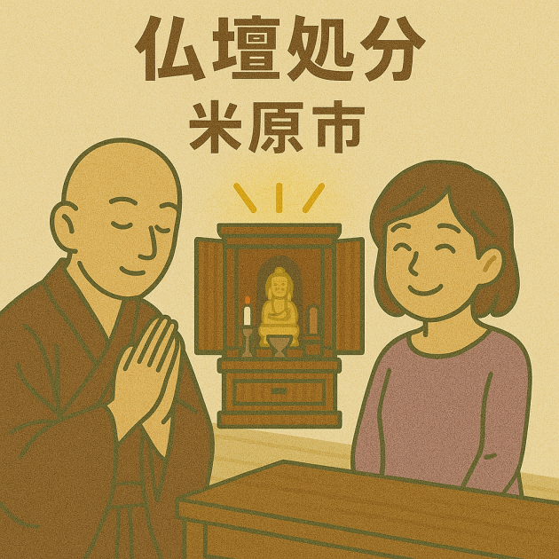 当店の米原市での仏壇処分イメージ。僧侶が仏壇供養をしており、持ち主の女性は穏やかな表情を浮かべている。