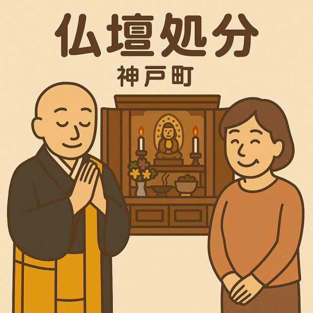 当店の仏壇処分サービスの様子。僧侶が仏壇の前で丁寧に供養を行い、依頼者の女性は穏やかな表情を浮かべている。