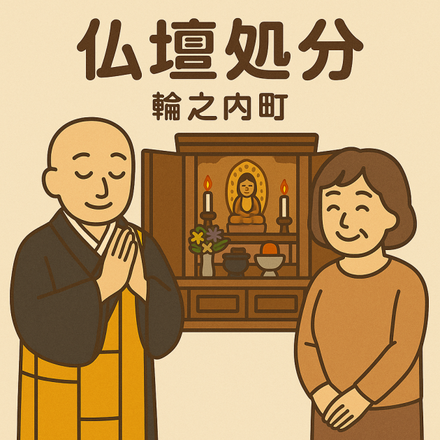 当店の仏壇処分サービスの様子。僧侶が仏壇の前で丁寧に供養を行い、依頼者の女性は穏やかな表情を浮かべている。