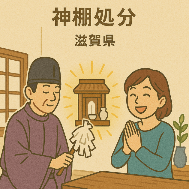 神主が神棚の魂抜きを行っている場面。依頼者の女性が安心した様子で見守っている。滋賀県内の神棚処分サービスの一例。