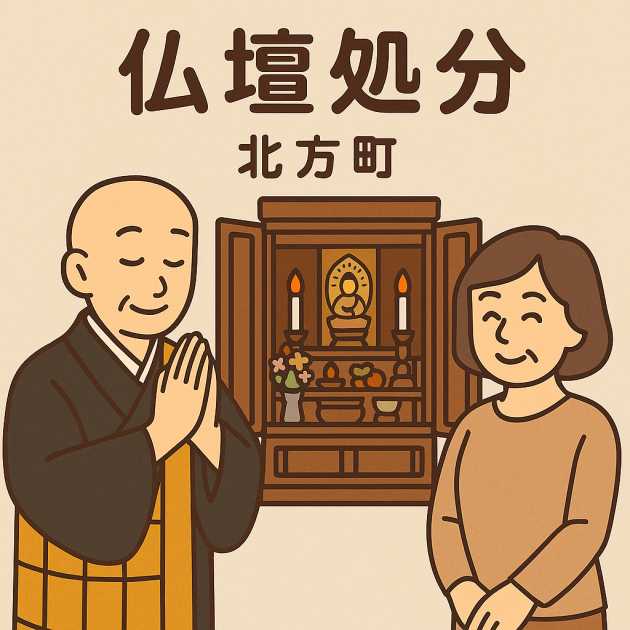 当店の仏壇処分サービスの様子。僧侶が仏壇の前で供養を行い、依頼主の女性は穏やかな表情を浮かべている。
