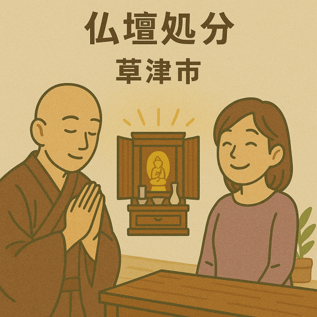 仏壇の前で僧侶が供養を行う様子。依頼主の女性は安心した表情で見守っている。新原美術の仏壇処分サービスのイメージ。