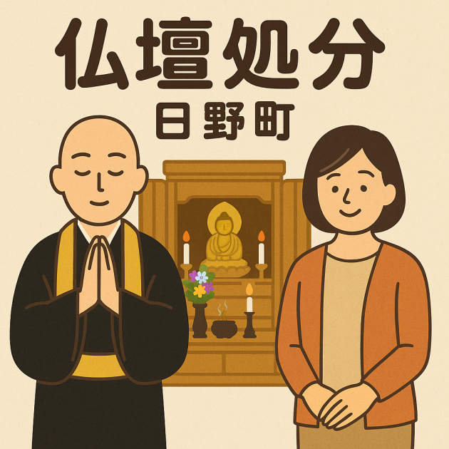 当店の日野町での仏壇処分サービスのイメージ。僧侶が仏壇供養を行い、依頼者の女性は穏やかな表情を浮かべている。