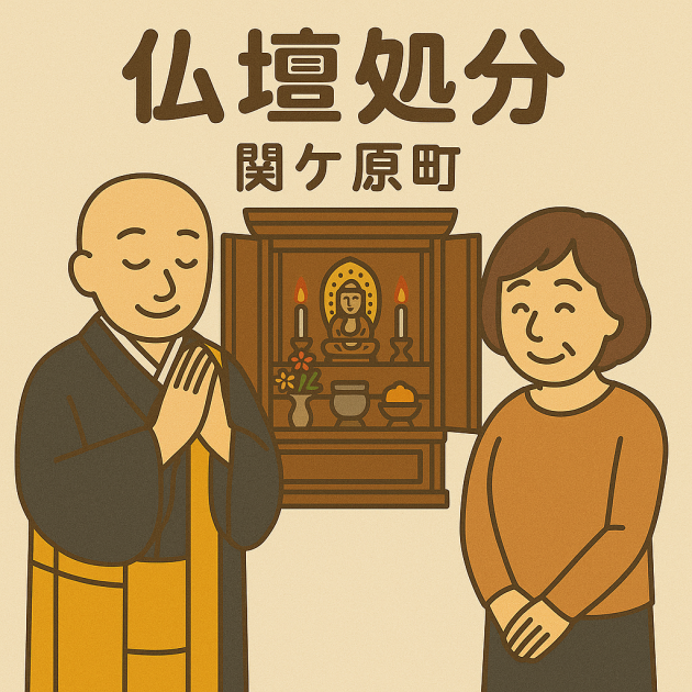 当店の仏壇処分サービスの様子。僧侶が仏壇の前で丁寧に供養を行い、依頼者の女性は穏やかな表情を浮かべている。