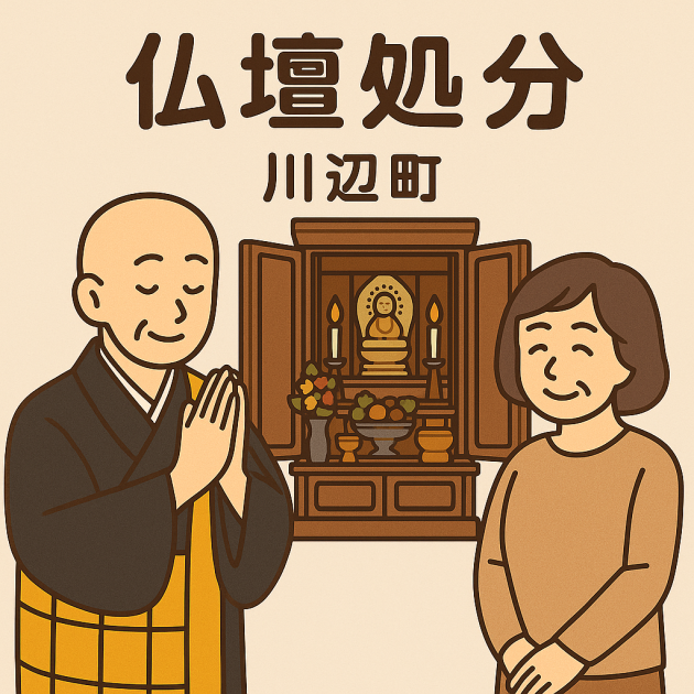 川辺町での仏壇供養の様子。僧侶が仏壇の前で丁寧に読経し、依頼主の女性は静かに手を合わせている。新原美術による仏壇処分サービスの一場面。