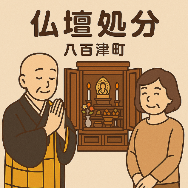 八百津町での仏壇供養の様子。僧侶が仏壇の前で丁寧に読経し、依頼主の女性は静かに手を合わせている。新原美術による仏壇処分サービスの一場面。