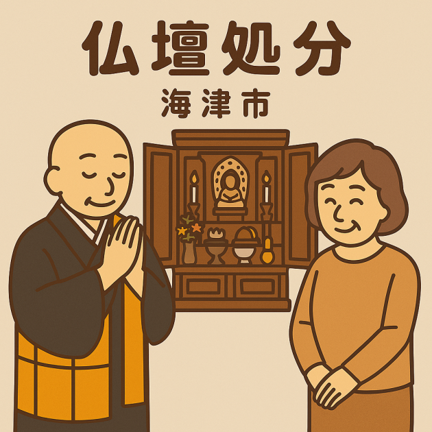 海津市での当店の仏壇処分サービスの様子。僧侶が仏壇の前で丁寧に供養を行い、依頼者の女性は穏やかな表情を浮かべている。