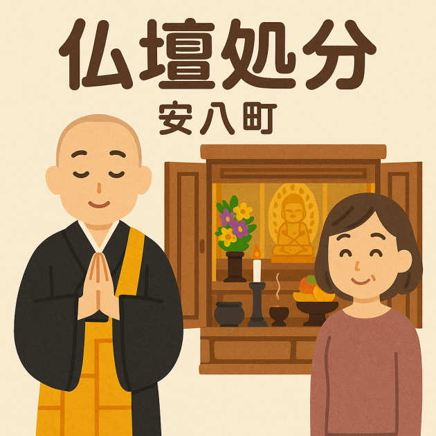 当店の仏壇処分サービスの様子。僧侶が仏壇の前で丁寧に供養を行い、依頼者の女性は穏やかな表情を浮かべている。