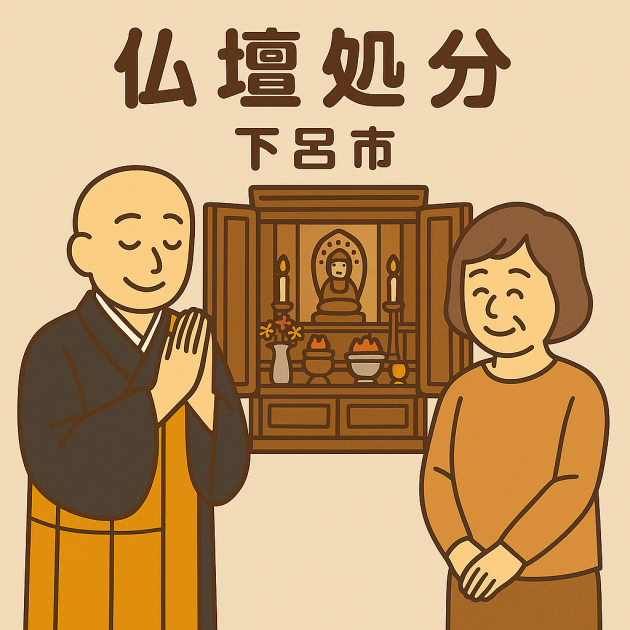 下呂市での当店の仏壇処分サービスの様子。僧侶が仏壇の前で丁寧に供養を行い、依頼者の女性は穏やかな表情を浮かべている。