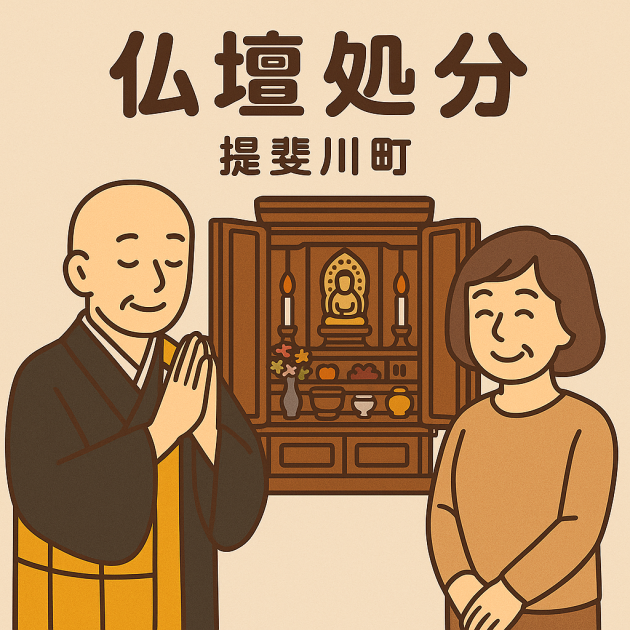 当店の仏壇処分サービスの様子。僧侶が仏壇の前で丁寧に供養を行い、依頼者の女性は穏やかな表情を浮かべている。