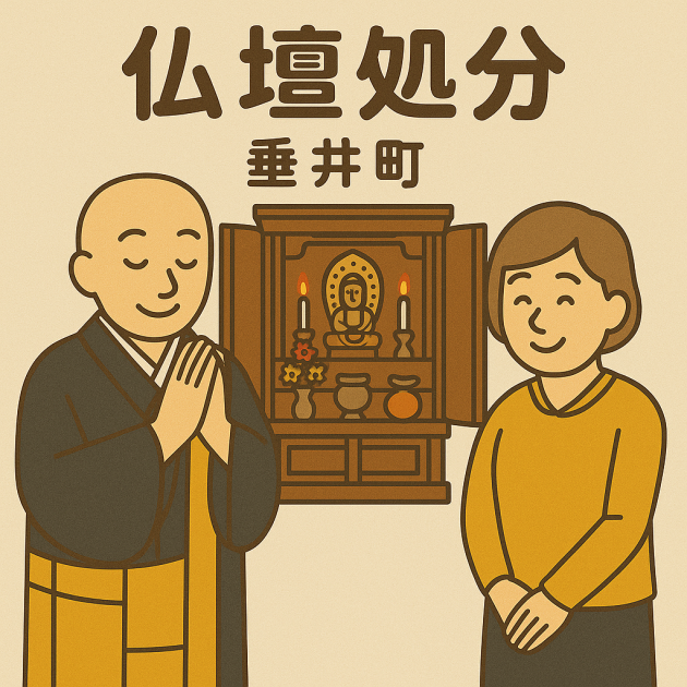 当店の仏壇処分サービスの様子。僧侶が仏壇の前で丁寧に供養を行い、依頼者の女性は穏やかな表情を浮かべている。