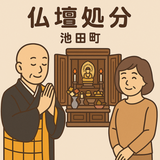 当店の仏壇処分サービスの一場面。僧侶が仏壇の前で丁寧に供養を行っており、依頼主の女性は穏やかな表情を浮かべている様子。