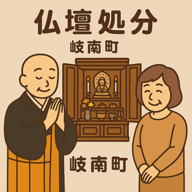 岐南町での当店の仏壇処分サービスの様子。僧侶が仏壇の前で丁寧に供養を行い、依頼者の女性は穏やかな表情を浮かべている。